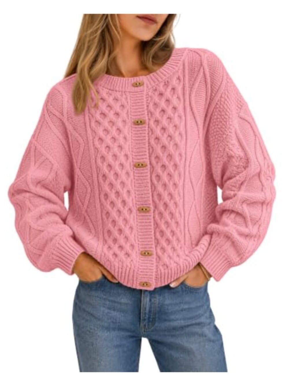 Chunky Cable Knit Button Up Cardigan Sweater Long Sleeve Crew Neck Loose